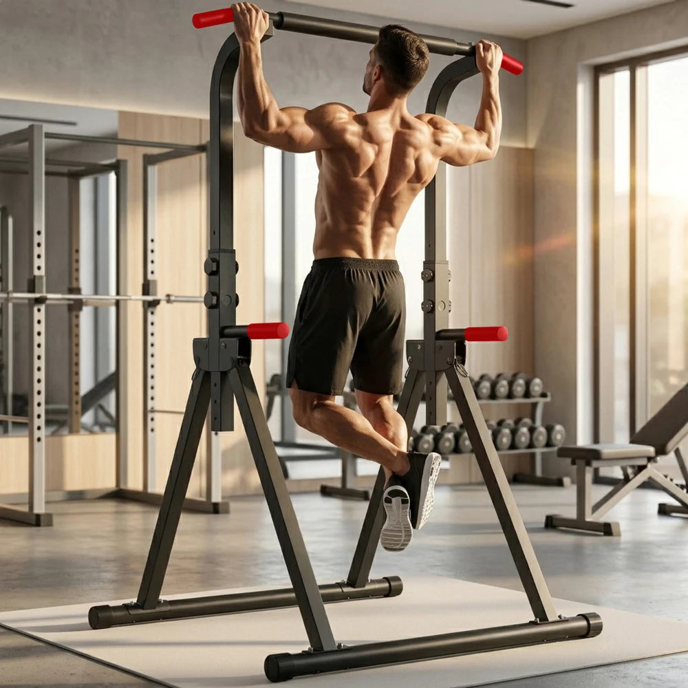 Foldable Pull Up Bar Standing Power Tower - Multi-Function Dip Station, 6-Level Adjustable Height, 440lbs Max, Home Gym Strength Training Fitness Equipment