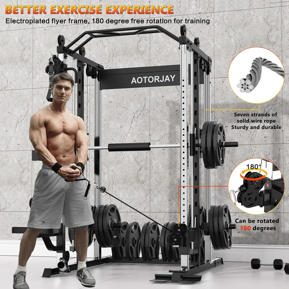 Smith Machine Strength Training Squat Rack with Smith Bar, Power Cage with LAT Pull-Down Systems, Cable Crossover, Customized