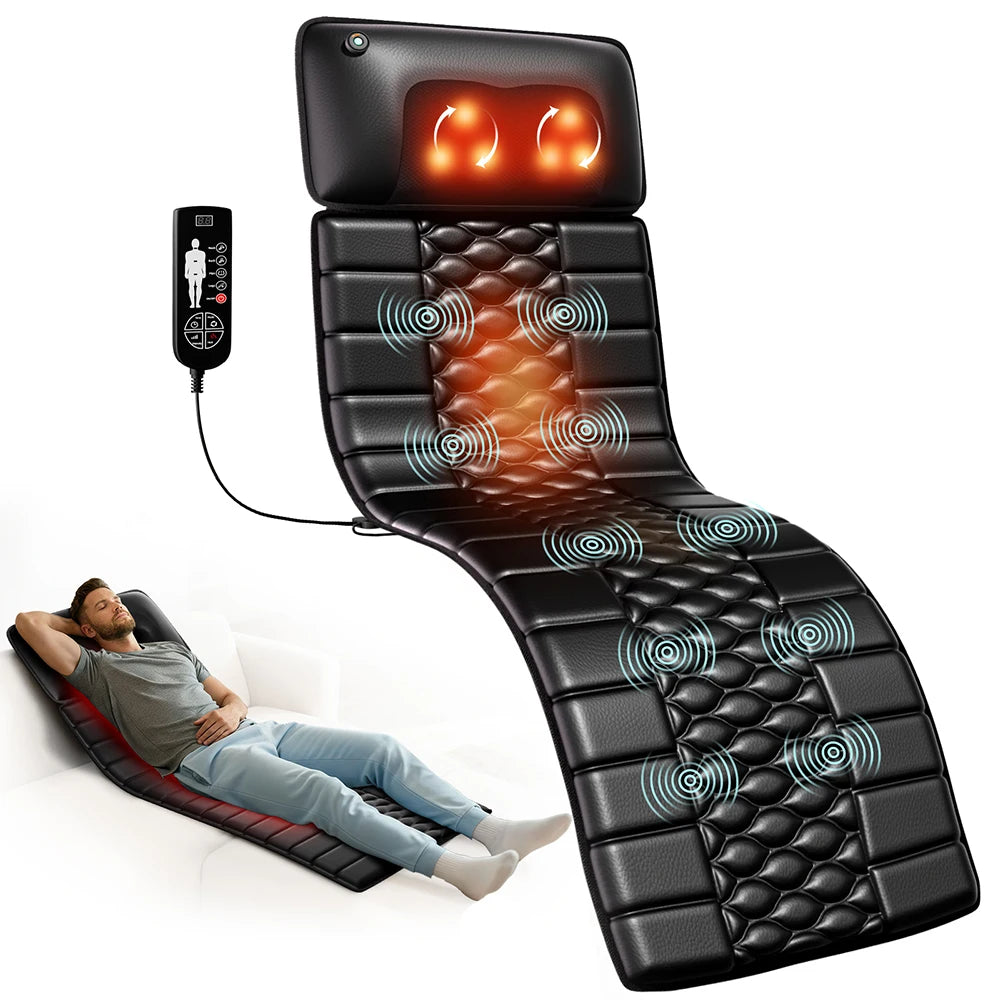 Shiatsu Full Body Massage Mat with Heat, Detachable Massager Pad, 10 Vibrating Motors, 9 Intensity Levels, Relax at Home Office