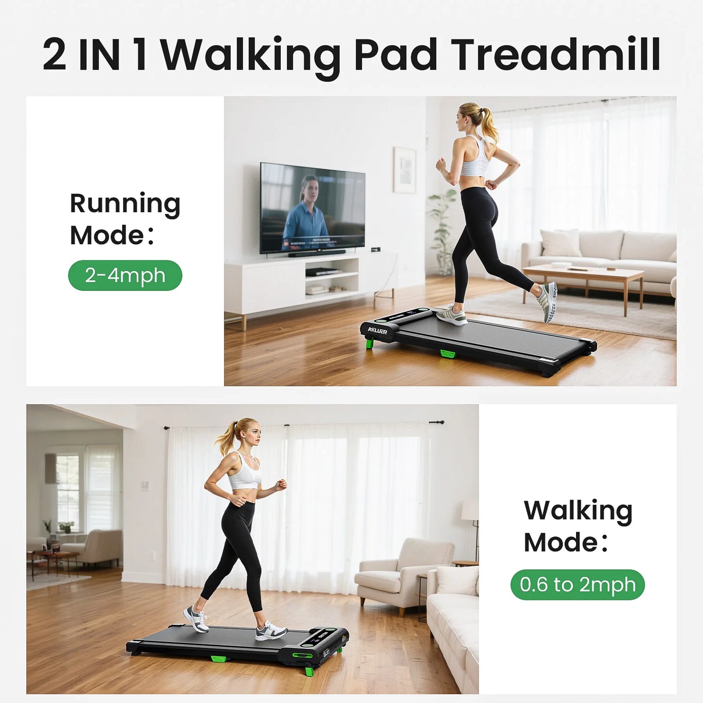 AKLUER Under Desk Treadmill for Home, 2.5HP Portable Treadmills with Remote Control, 4 in 1 Incline Treadmill with LED Display