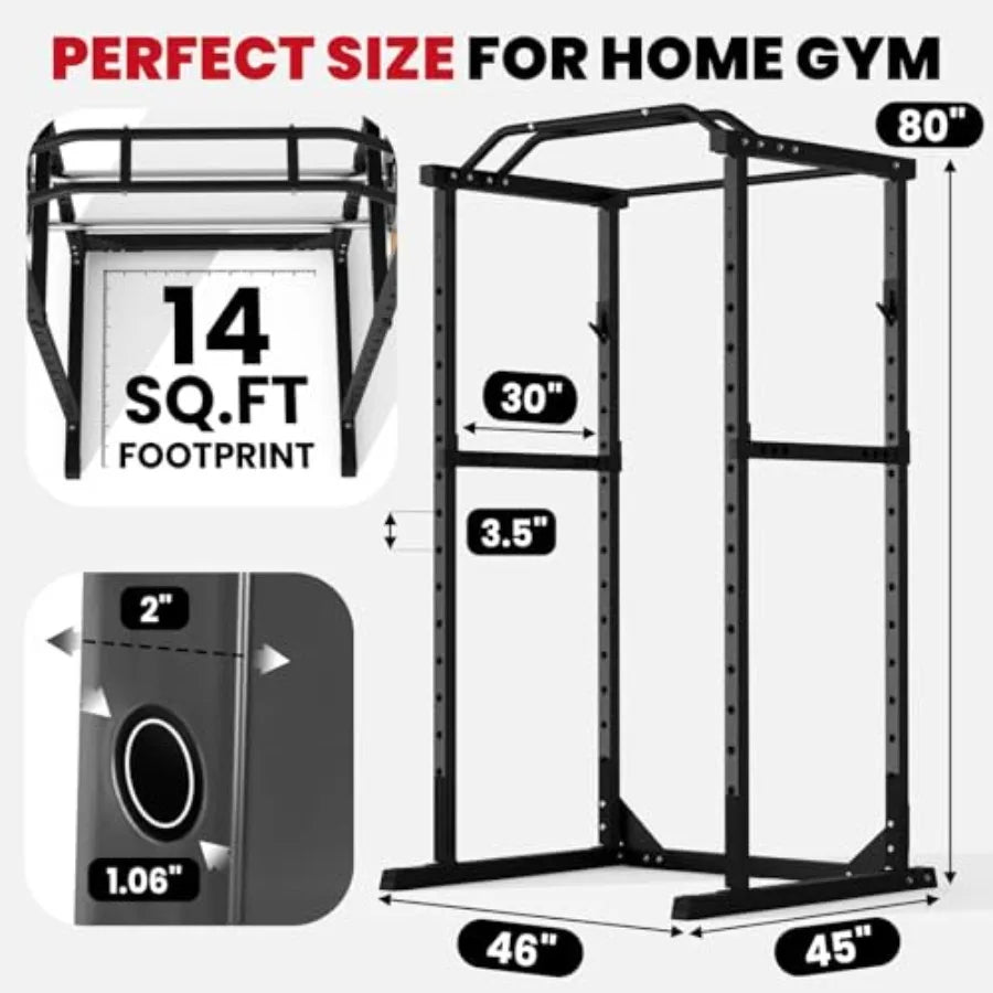 Power Cage 1800 LBS Multi-Functional Home Gym Rack with Adjustable Cable Pulley Pull-Up Bar J-Hooks Landmine Attachments in Bla