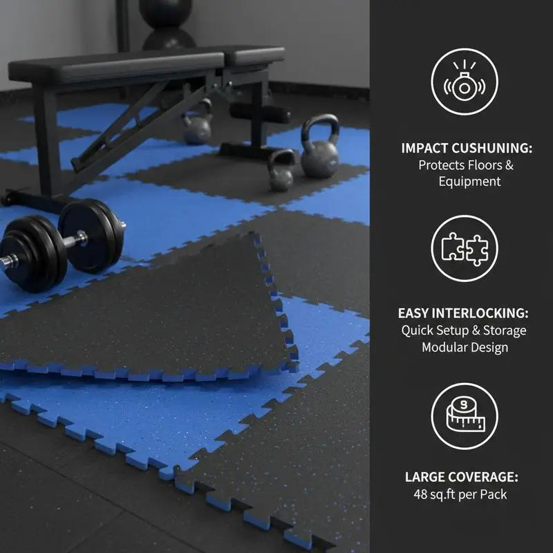 Rubber Top Workout Flooring 25" x 25" x 0.56" For Home Gym, Garage, Fitness Studio, 12 Tiles Interlocking Puzzle Mats High Density EVA Foam 48 Sq.Ft Coverage Black & Blue