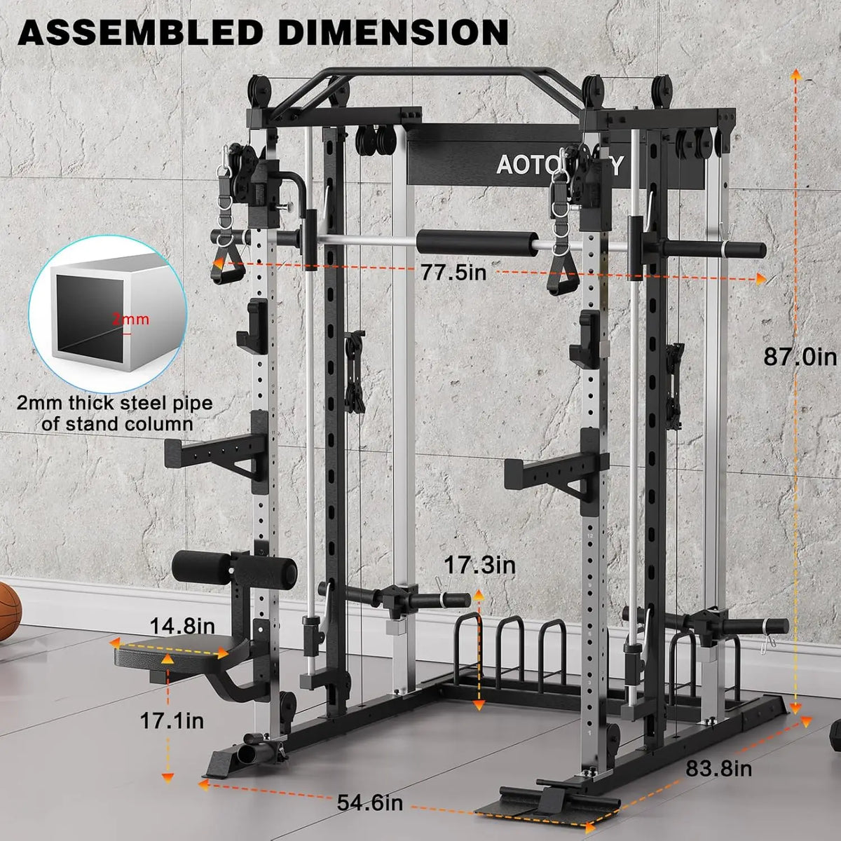 Smith Machine Strength Training Squat Rack with Smith Bar, Power Cage with LAT Pull-Down Systems, Cable Crossover, Customized