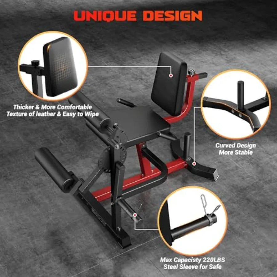 Home gym leg extension and curl machine 4-in-1 steel frame black adjustable plate-loaded design with integrated exercise bench