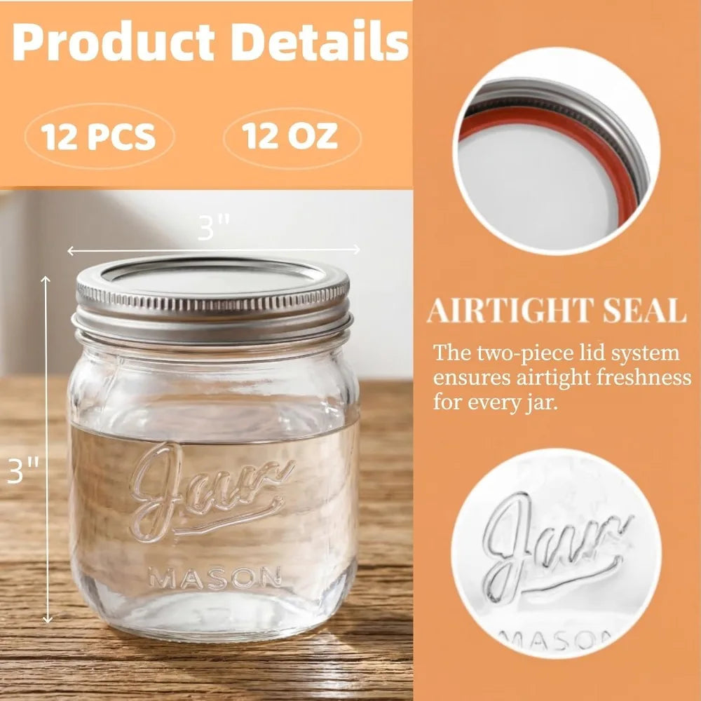 12 Pack Wide Mouth Mason Jars, 12 Oz Glass Canning Jars with Airtight Lids