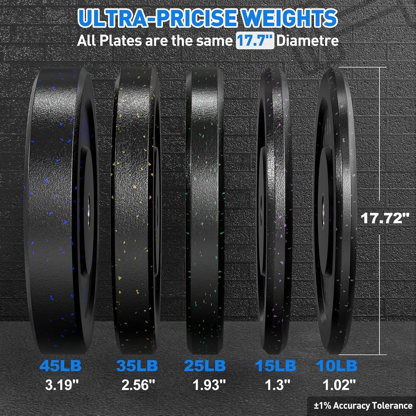 Pro-Grade 2" Bumper Plates 190LB Set, High-Bounce Colored Fleck-Rubber Weight Plates, Floor-Protective＆Noise-Reducing
