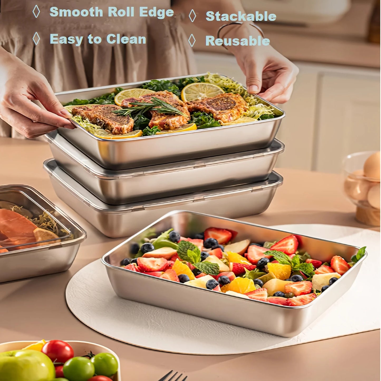 3pcs Stainless Steel Food Containers & Lunch Box, Leakproof Stackable Clear Lids, Kitchen Items