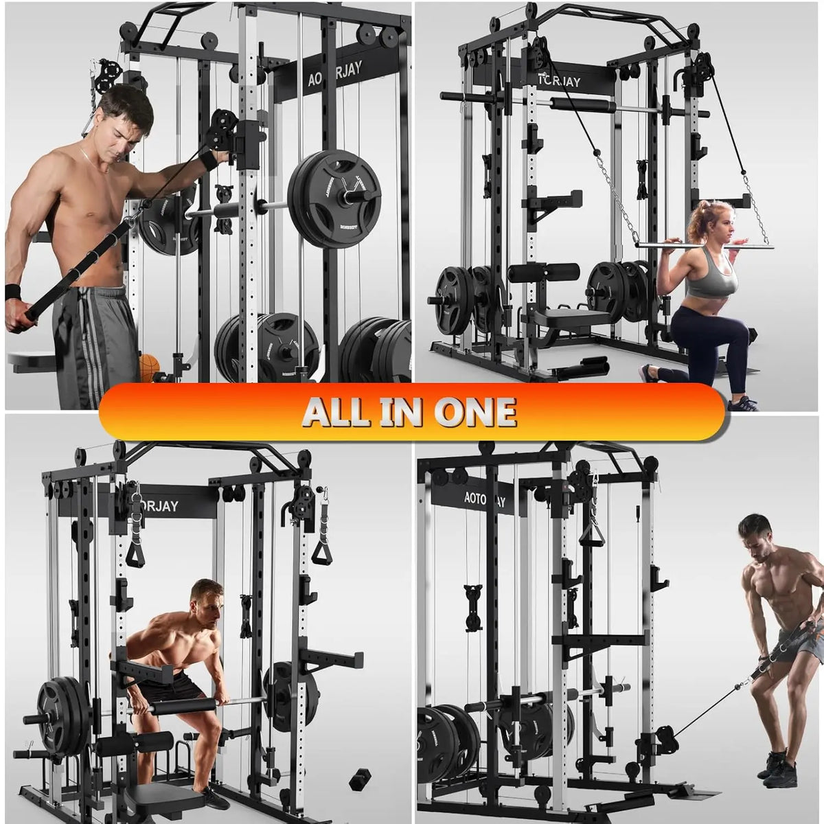 Smith Machine Strength Training Squat Rack with Smith Bar, Power Cage with LAT Pull-Down Systems, Cable Crossover, Customized