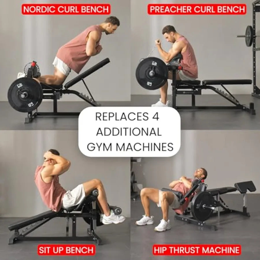 Adjustable Weight Bench with Leg Extension and Curl Machine, Total Body Bench for Home Gym, Great for Bench Press, Sit Ups, Preacher Curl, Hip Thrusts and Other Plate-Loaded Exercises