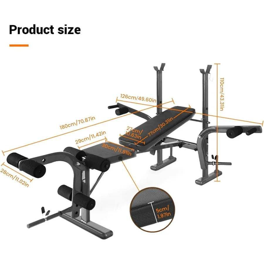Standard Weight Bench, 800LBS Weight Bench Set with Squat Rack,Preacher Curl Pad and Leg Extension, Flat Incline Decline Workout