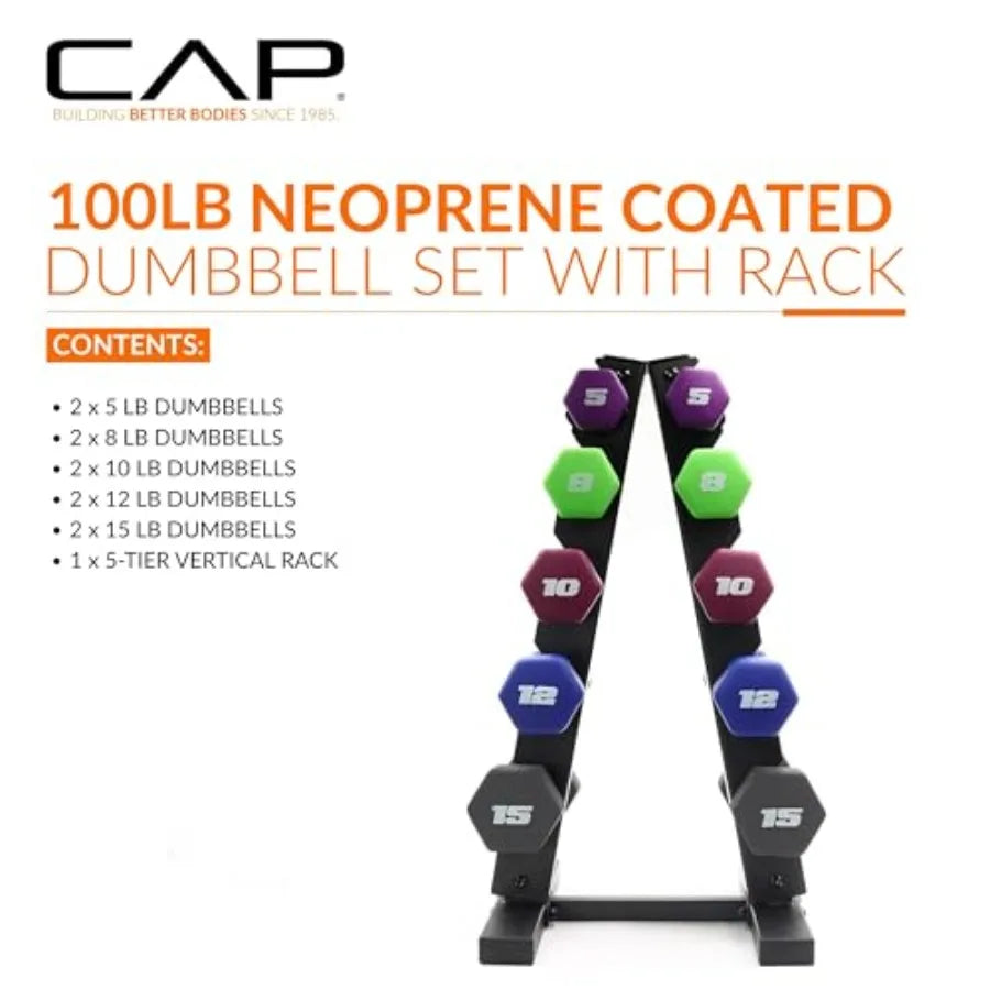Barbell 100 LB Set of Neoprene Dumbbells with Rack Color Series 5, 8, 10, 12 and 15 LB pairs