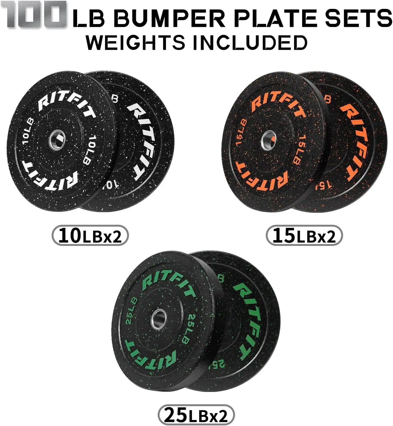 Bumper Plates, Colored Fleck-Rubber Weight Plates with Steel Insert, 2-inch Weight Plates for Weight Lifting, 100 LB Set