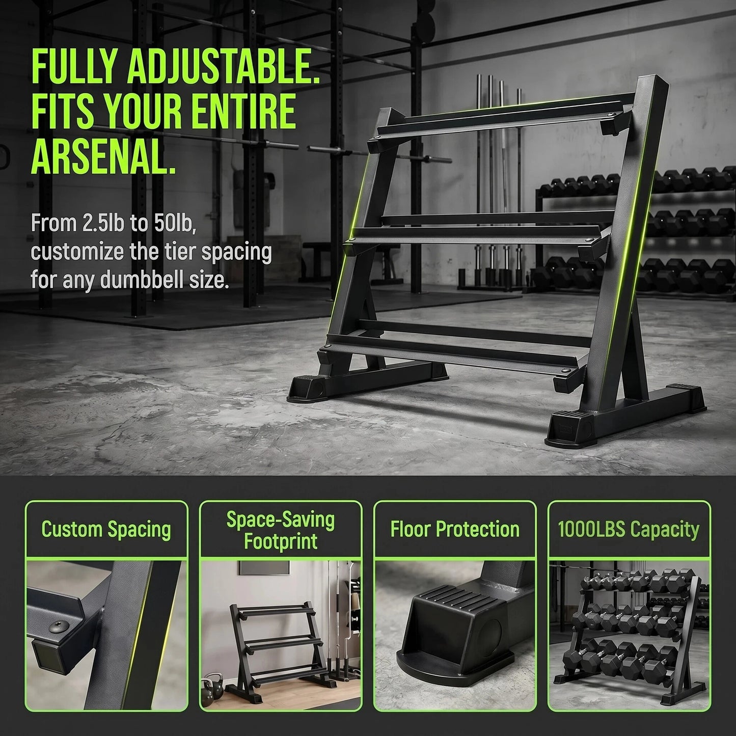 3-Tier Adjustable Dumbbell Rack (39.37in / 100cm), 1000LBS Heavy Duty Steel Gym Storage Stand with Anti-Rust Powder Coating & Floor Protection Feet for Home/Commercial Fitness