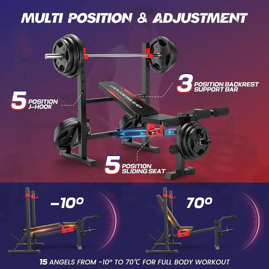 900 LBS Weight Bench Set with Squat Rack, Adjustable Bench Press Set with Leg Extension and Leg Curl, Foldable Flat/Incline/Dec