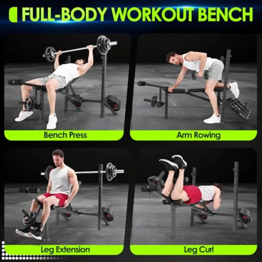 900LBS Weight Bench Set with Squat Rack Adjustable Bench Press Bench with Leg Extension & Leg Curl, Incline Decline Flat Foldable Workout Bench for Home Gym