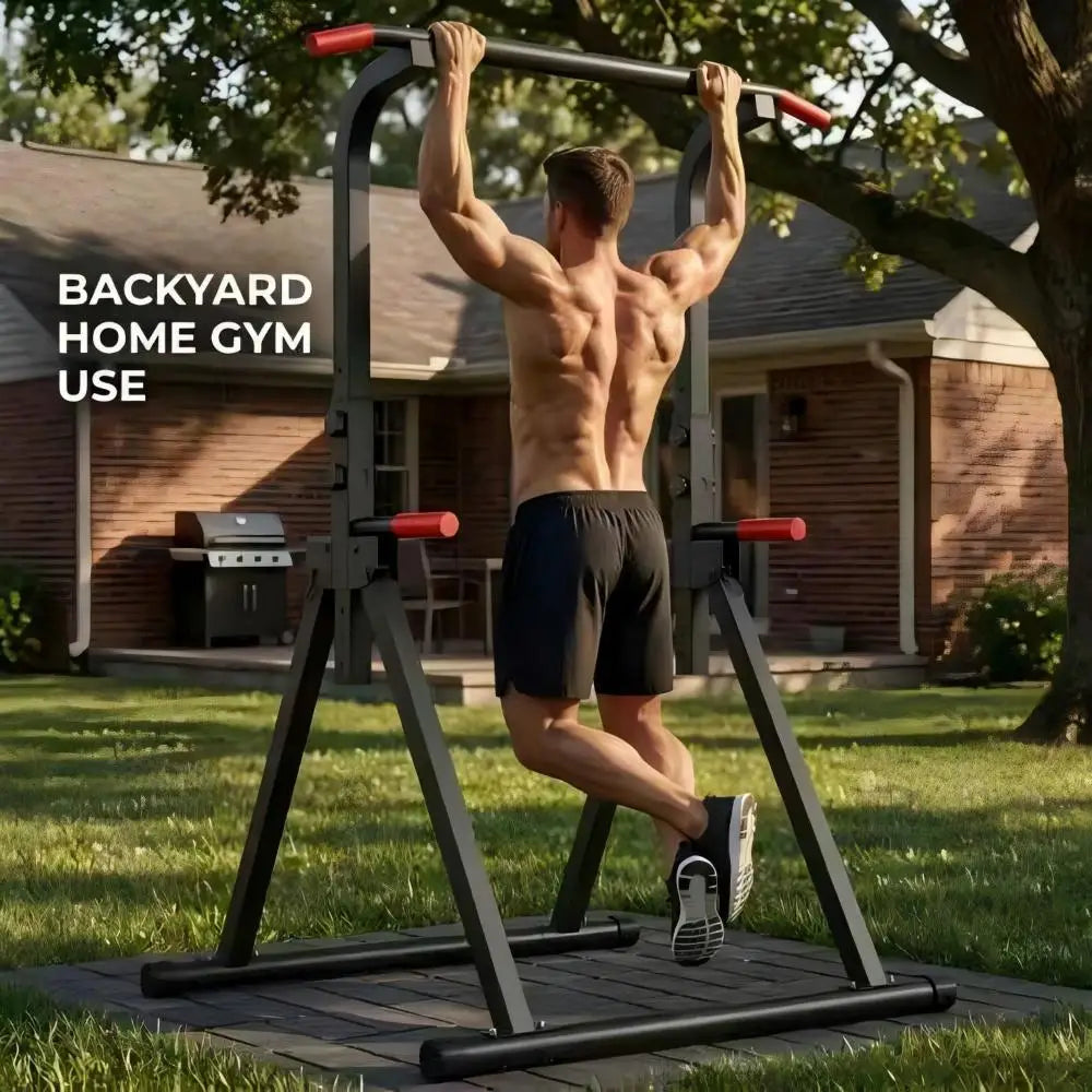 Foldable Pull Up Bar Standing Power Tower - Multi-Function Dip Station, 6-Level Adjustable Height, 440lbs Max, Home Gym Strength Training Fitness Equipment