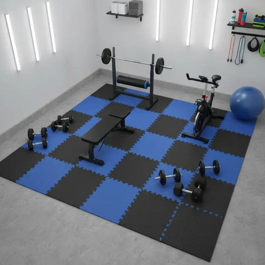 Rubber Top Workout Flooring 25" x 25" x 0.56" For Home Gym, Garage, Fitness Studio, 12 Tiles Interlocking Puzzle Mats High Density EVA Foam 48 Sq.Ft Coverage Black & Blue