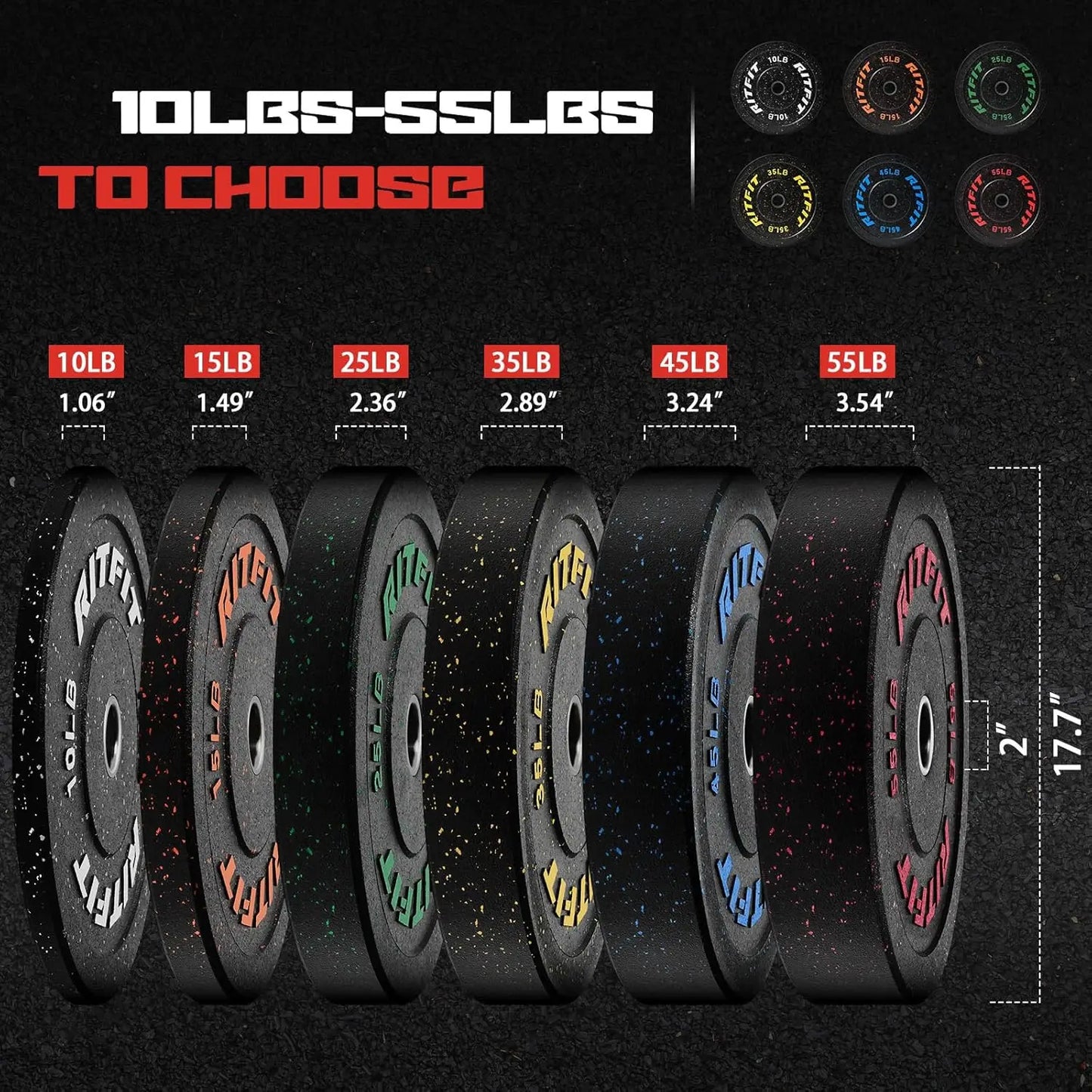 Bumper Plates, Colored Fleck-Rubber Weight Plates with Steel Insert, 2-inch Weight Plates for Weight Lifting, 100 LB Set