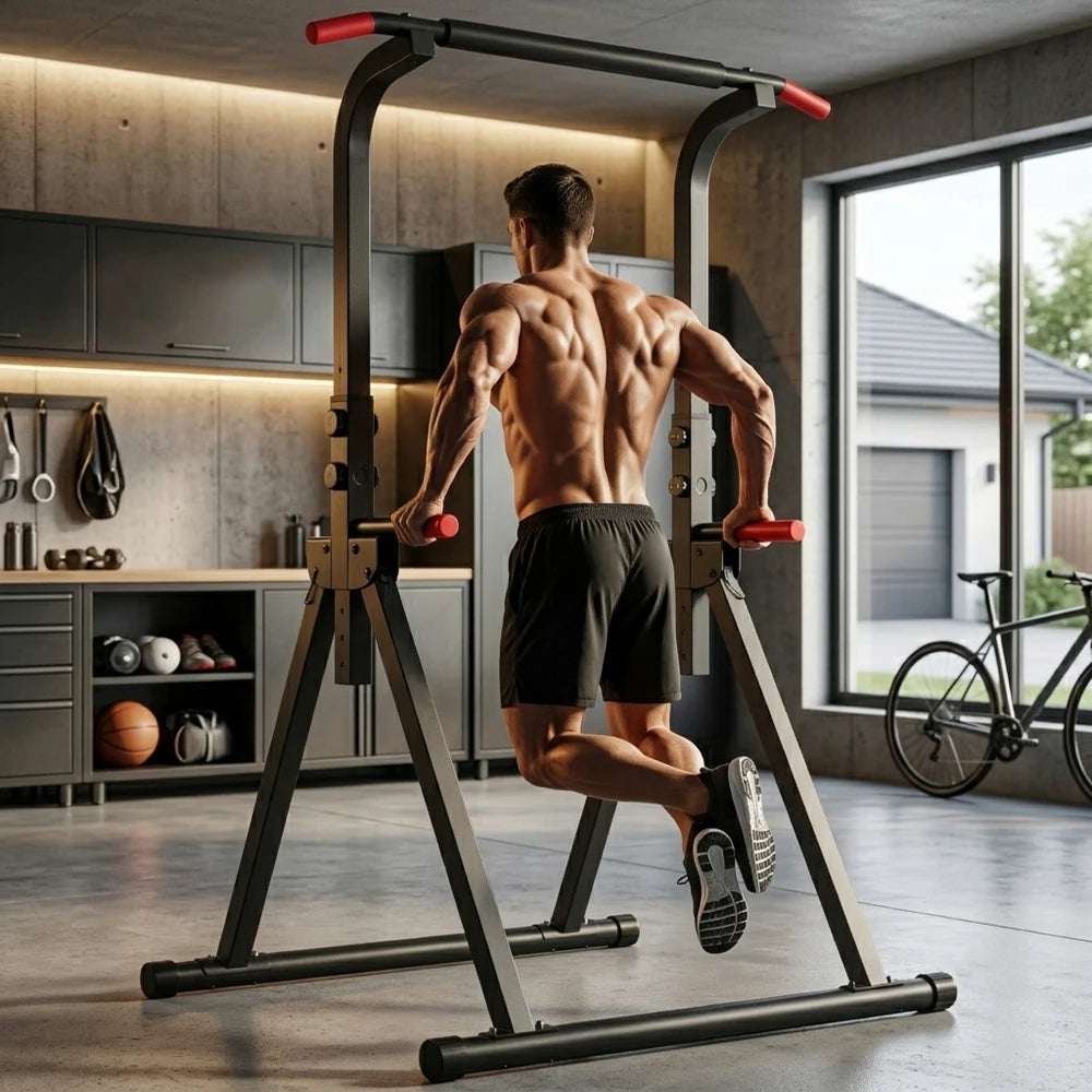 Foldable Pull Up Bar Standing Power Tower - Multi-Function Dip Station, 6-Level Adjustable Height, 440lbs Max, Home Gym Strength Training Fitness Equipment