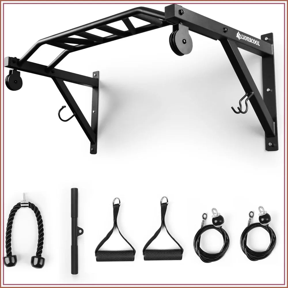 Multifunctional Wall Mounted Pull Up Bar with Pulley System, 48" Multi-Grip Chin Up Bar, Cable Attachments Included for Upper Body Workouts
