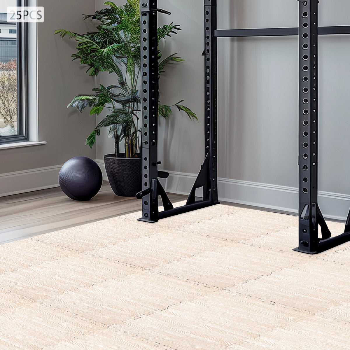 24"x24" Patchwork Foam Mat, 25PCS Thick Printed Foam Tiles, White Wood Grain Style Protective Flooring, Foam Floor Tiles Exercise Mat
