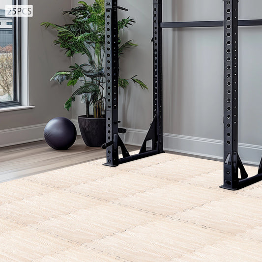 24"x24" Patchwork Foam Mat, 25PCS Thick Printed Foam Tiles, White Wood Grain Style Protective Flooring, Foam Floor Tiles Exercise Mat