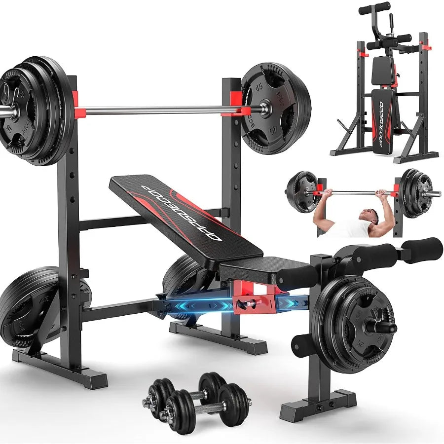 900 LBS Weight Bench Set with Squat Rack, Adjustable Bench Press Set with Leg Extension and Leg Curl, Foldable Flat/Incline/Dec