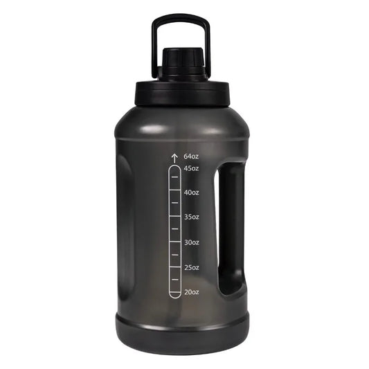 64 Fluid Ounces Water Bottle, Translucent Black, with Straw/ Chug 2 in 1 Lid, Light Weight, Reusable, Plastic