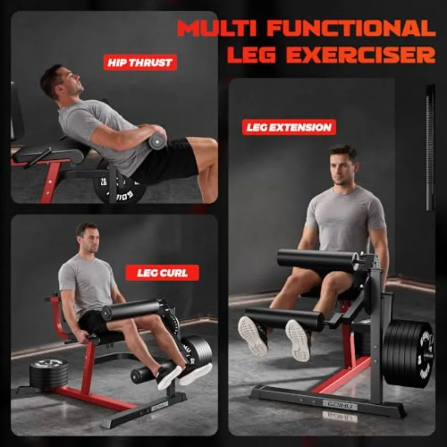 Home gym leg extension and curl machine 4-in-1 steel frame black adjustable plate-loaded design with integrated exercise bench