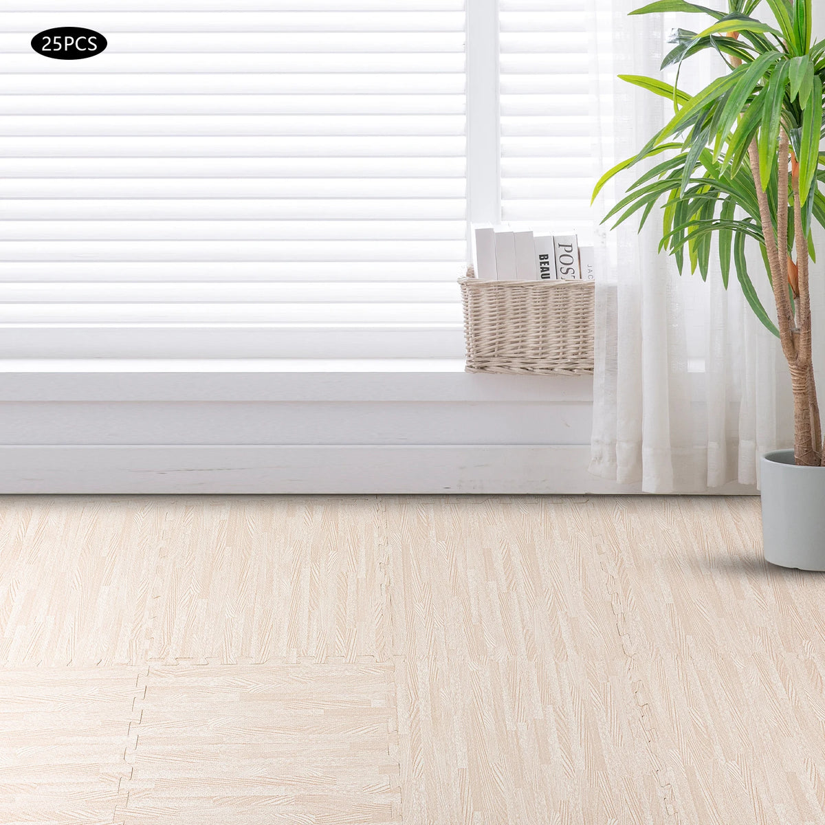 24"x24" Patchwork Foam Mat, 25PCS Thick Printed Foam Tiles, White Wood Grain Style Protective Flooring, Foam Floor Tiles Exercise Mat