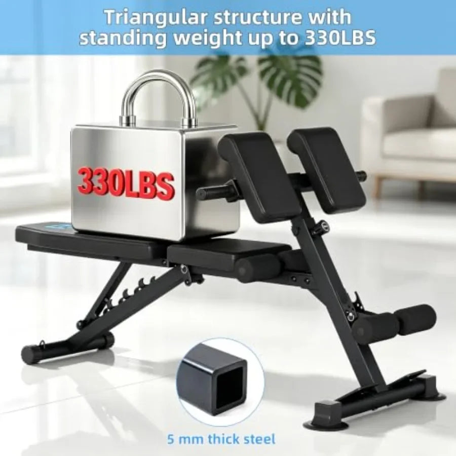 Multi-Functional Weight Bench Adjustable Roman Chair Ab Trainer for home gym use, steel frame, black, foldable and space-saving
