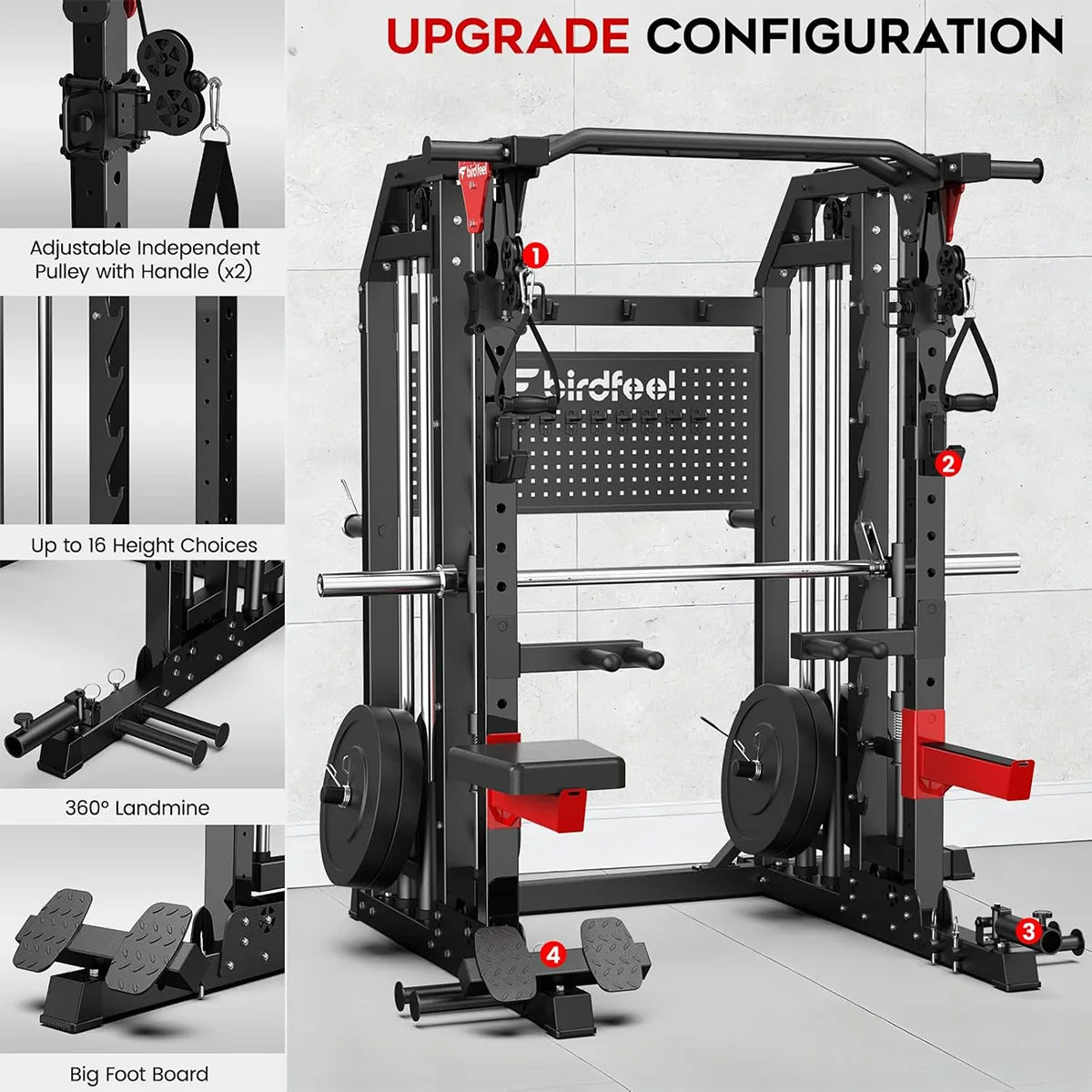 Pooboo Multi-Function 2000LB Power Cage Smith Machine, Dual Pulley Cable Crossover | Home Gym Squat Rack Featuring LAT Pulldown & Strength Training Attachments, Pegboard