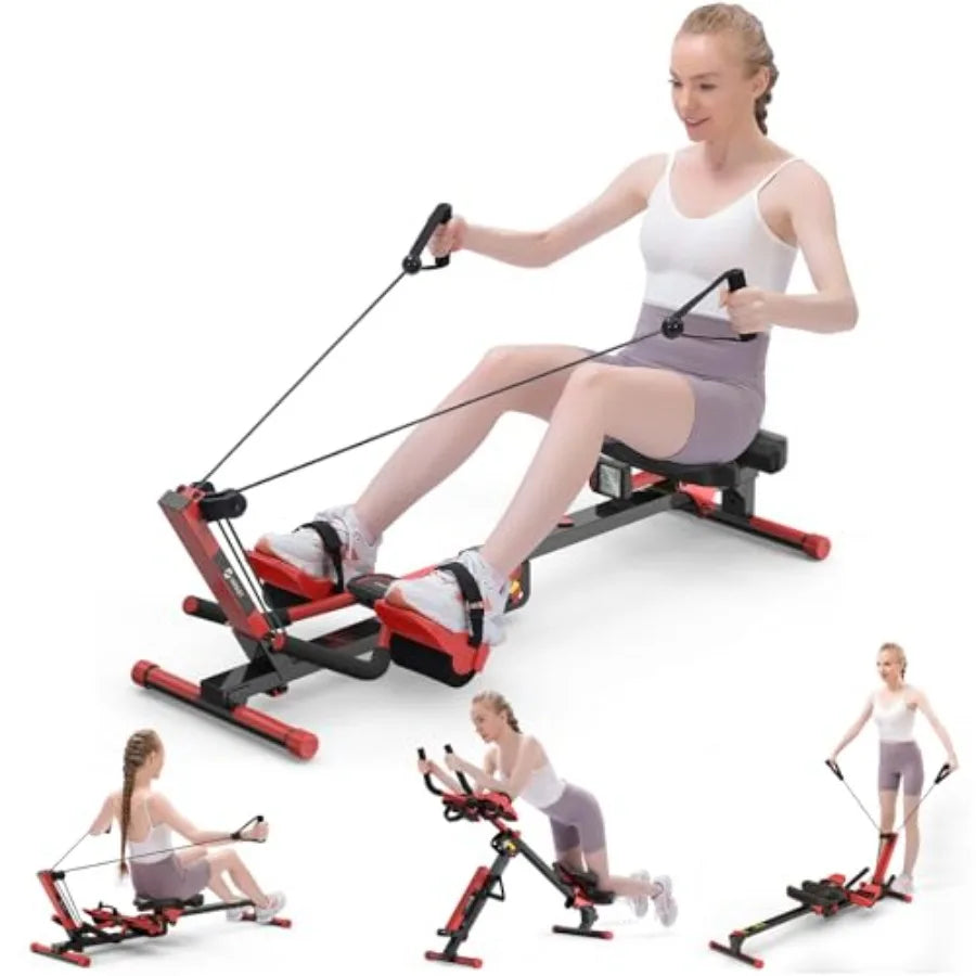 Rowing Machine, 4 in 1 Rowing and Ab Machine with 2 Levels of Workout Resistance, Quiet & Foldable Rower Machine with 3 Adjusta