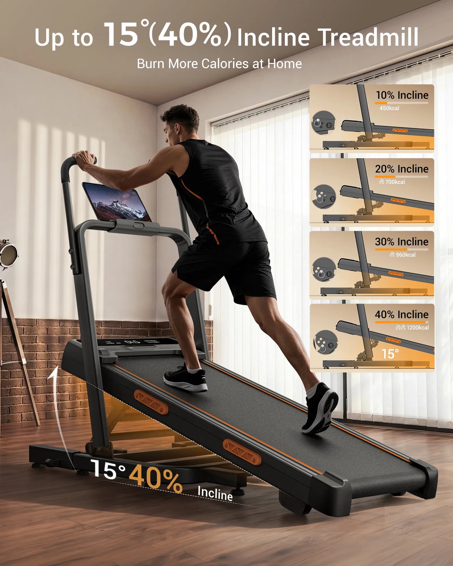 Folding Treadmill for Home 15% Incline Electric Running Machine 3.0HP Powerful Motor Adjustable Speed Walking Pad LED Display Shock Absorption Fitness Equipment