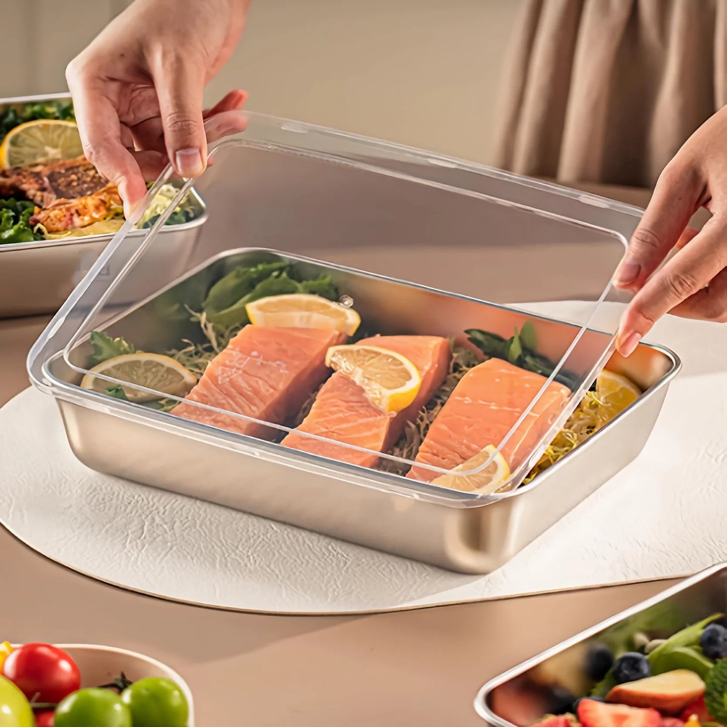 3pcs Stainless Steel Food Containers & Lunch Box, Leakproof Stackable Clear Lids, Kitchen Items
