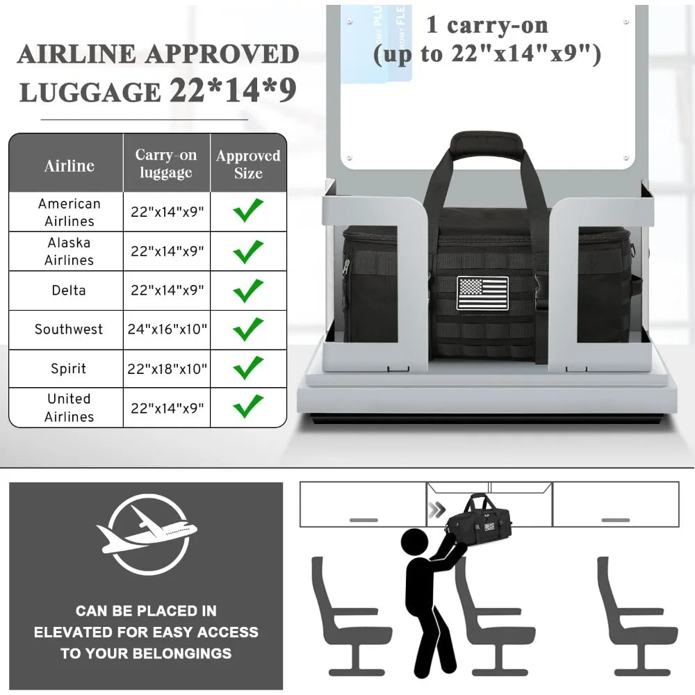 Carry On Luggage 22x14x9 Airline Approved, Tactical Duffle Bag with Shoe Compartment, 3-in-1 Travel Backpack, Weekender Overnight Bag, Black