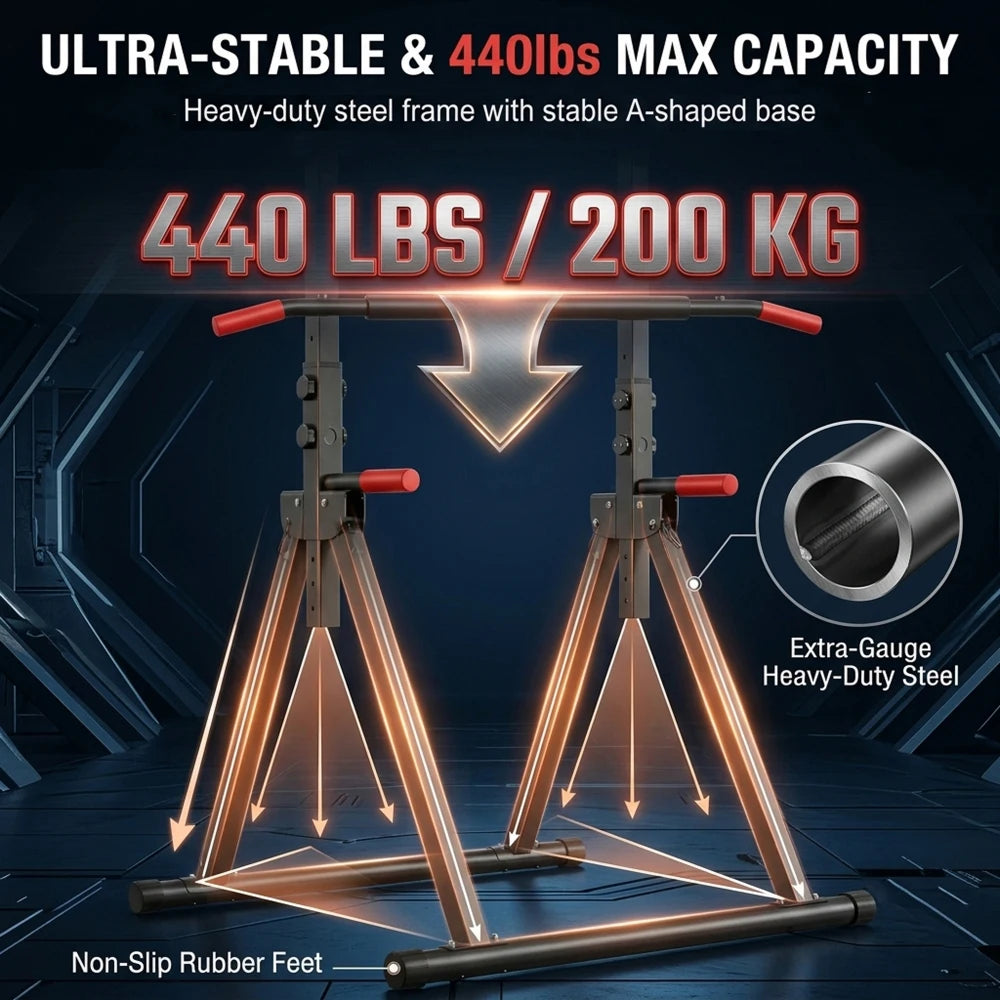 Foldable Pull Up Bar Standing Power Tower - Multi-Function Dip Station, 6-Level Adjustable Height, 440lbs Max, Home Gym Strength Training Fitness Equipment
