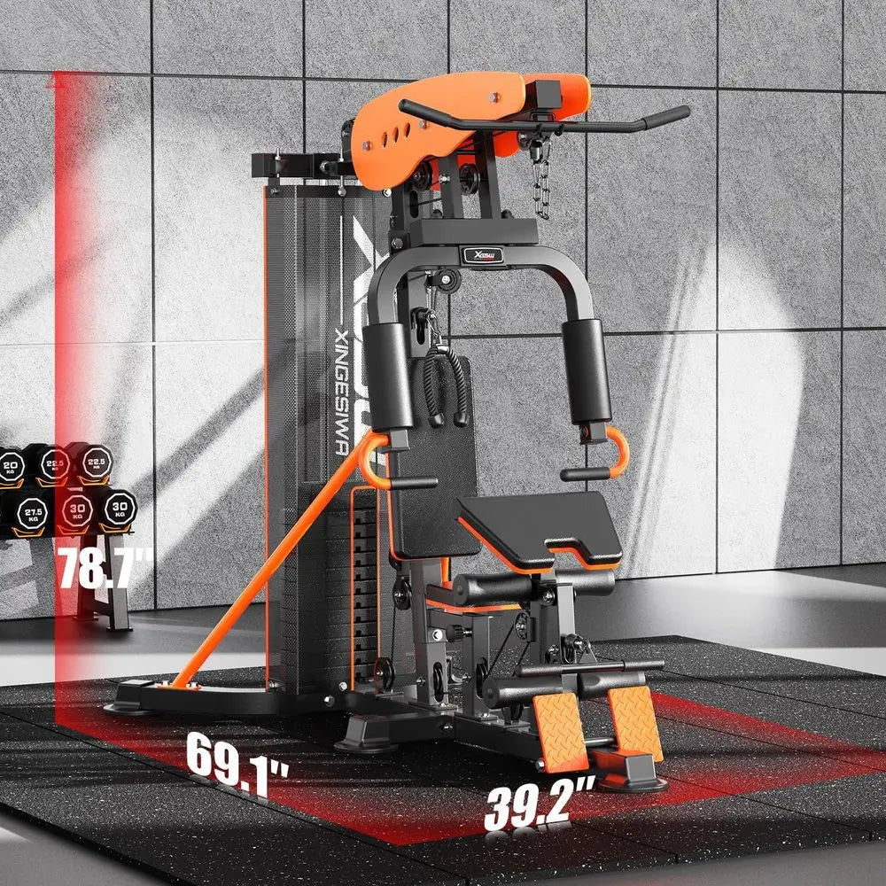 Multi-unction Home Gym Workout Station, eaturing a Pulley System, arm Trainer, and Leg Trainer or ull-Body Workouts.