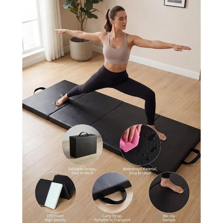 4-Fold Gymnastics Mat for Home Gym – Thick Portable Exercise Floor Mat for Yoga, Pilates, Aerobics, Martial Arts & Tumbling Training