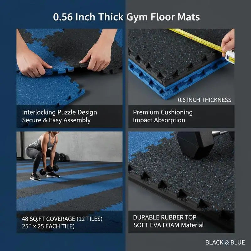 Rubber Top Workout Flooring 25" x 25" x 0.56" For Home Gym, Garage, Fitness Studio, 12 Tiles Interlocking Puzzle Mats High Density EVA Foam 48 Sq.Ft Coverage Black & Blue