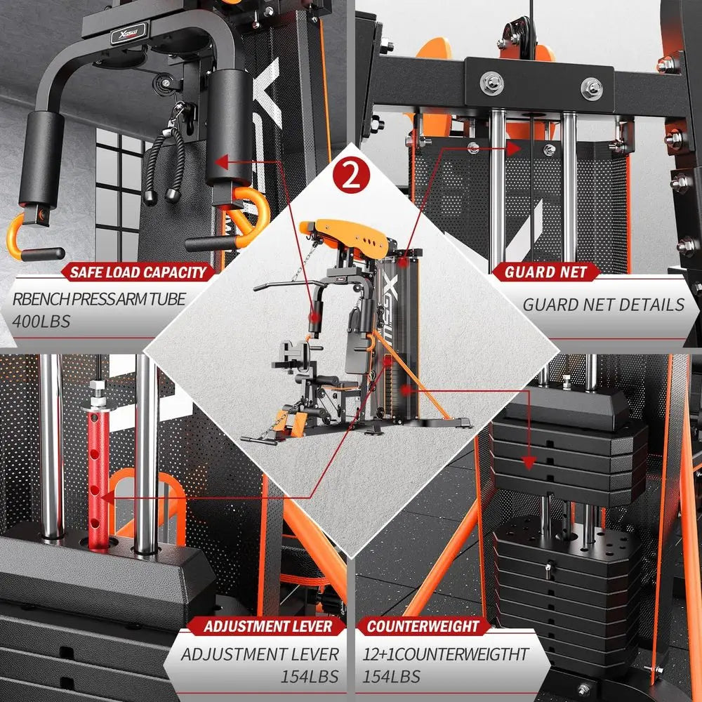 Multi-unction Home Gym Workout Station, eaturing a Pulley System, arm Trainer, and Leg Trainer or ull-Body Workouts.
