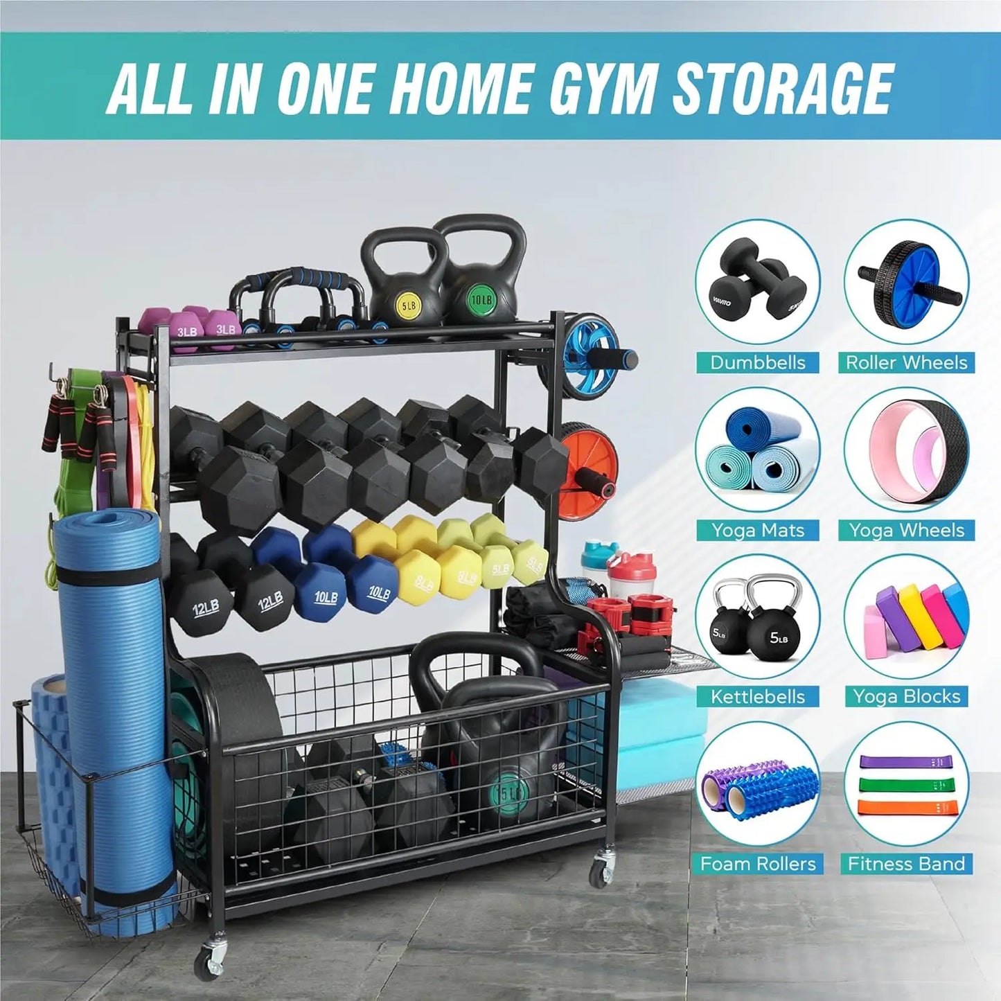 Home Gym Storage: Steel Adjustable Dumbbell Rack, Black, 700 LB Capacity, with Kettlebell Shelf, Yoga Mat Holder & Wheels