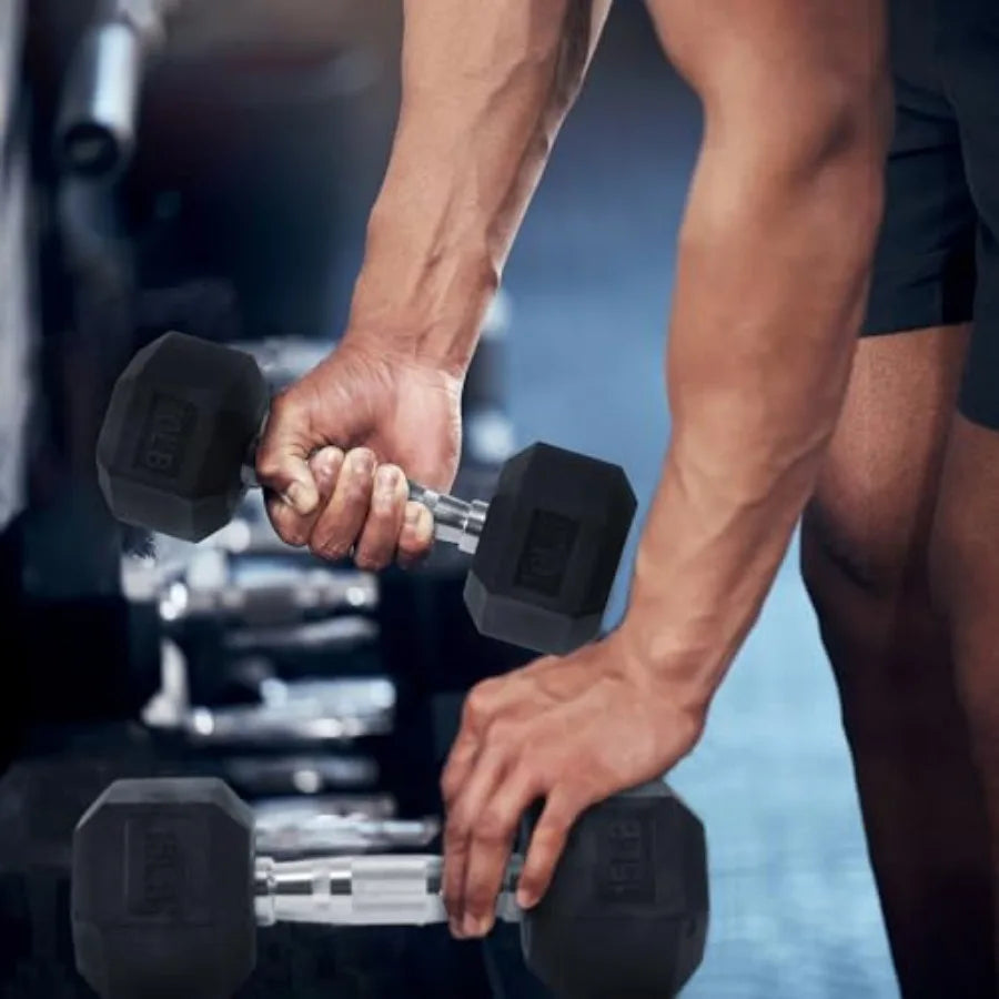 Rubber Encased Hex Dumbbells with Optional Rack, 10 15 20LB Pairs and 5, 10 and 15 Pairs Weight Sets for Home Gym