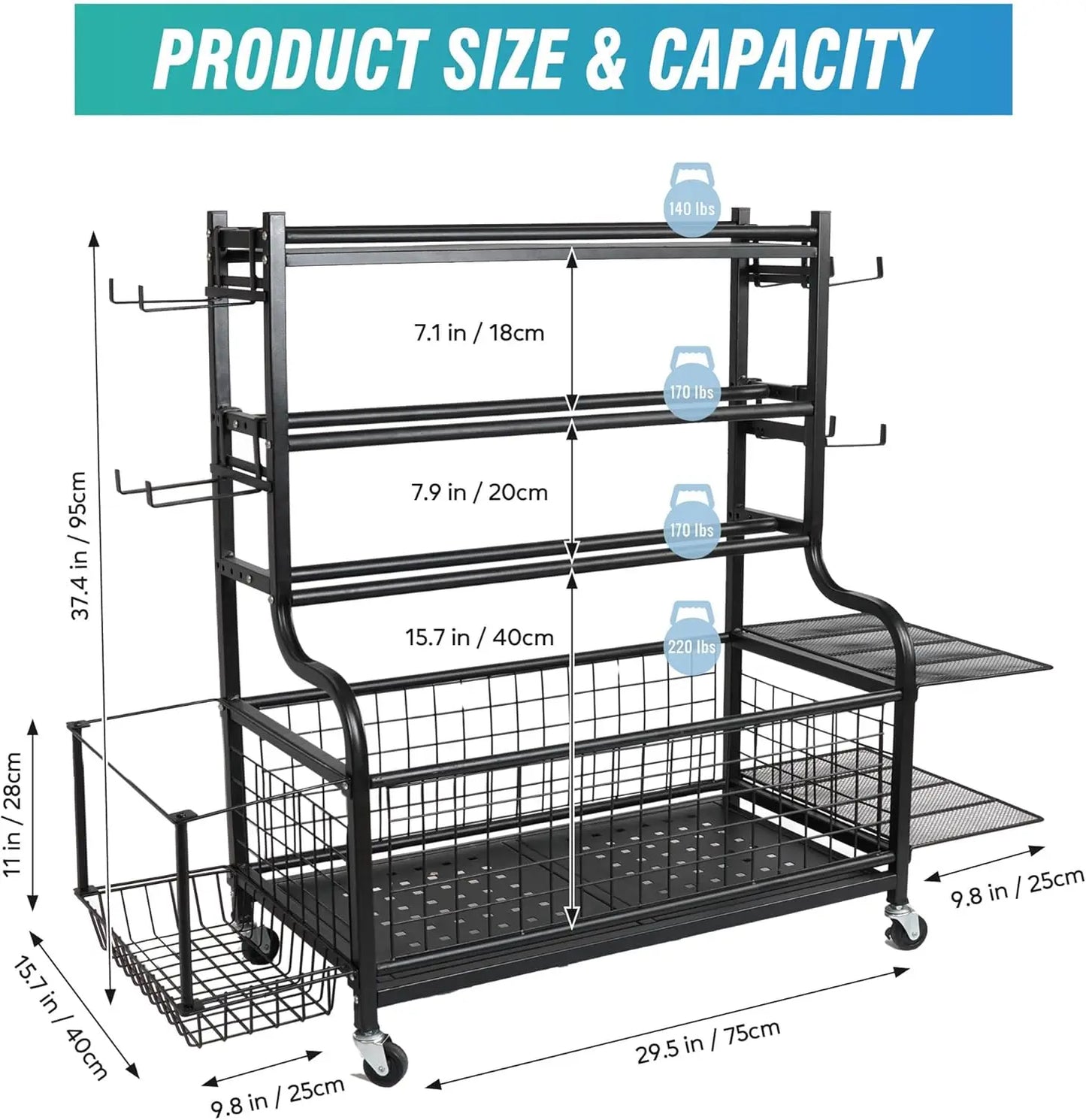 Home Gym Storage: Steel Adjustable Dumbbell Rack, Black, 700 LB Capacity, with Kettlebell Shelf, Yoga Mat Holder & Wheels