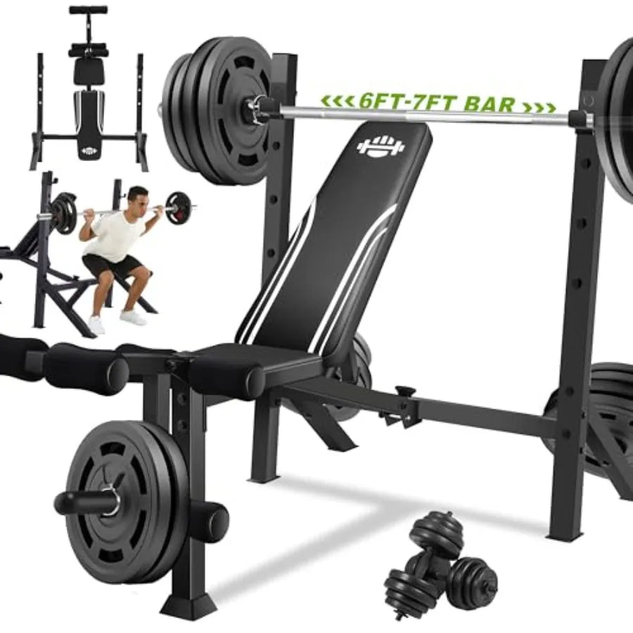 900LBS Weight Bench Set with Squat Rack Adjustable Bench Press Bench with Leg Extension & Leg Curl, Incline Decline Flat Foldable Workout Bench for Home Gym