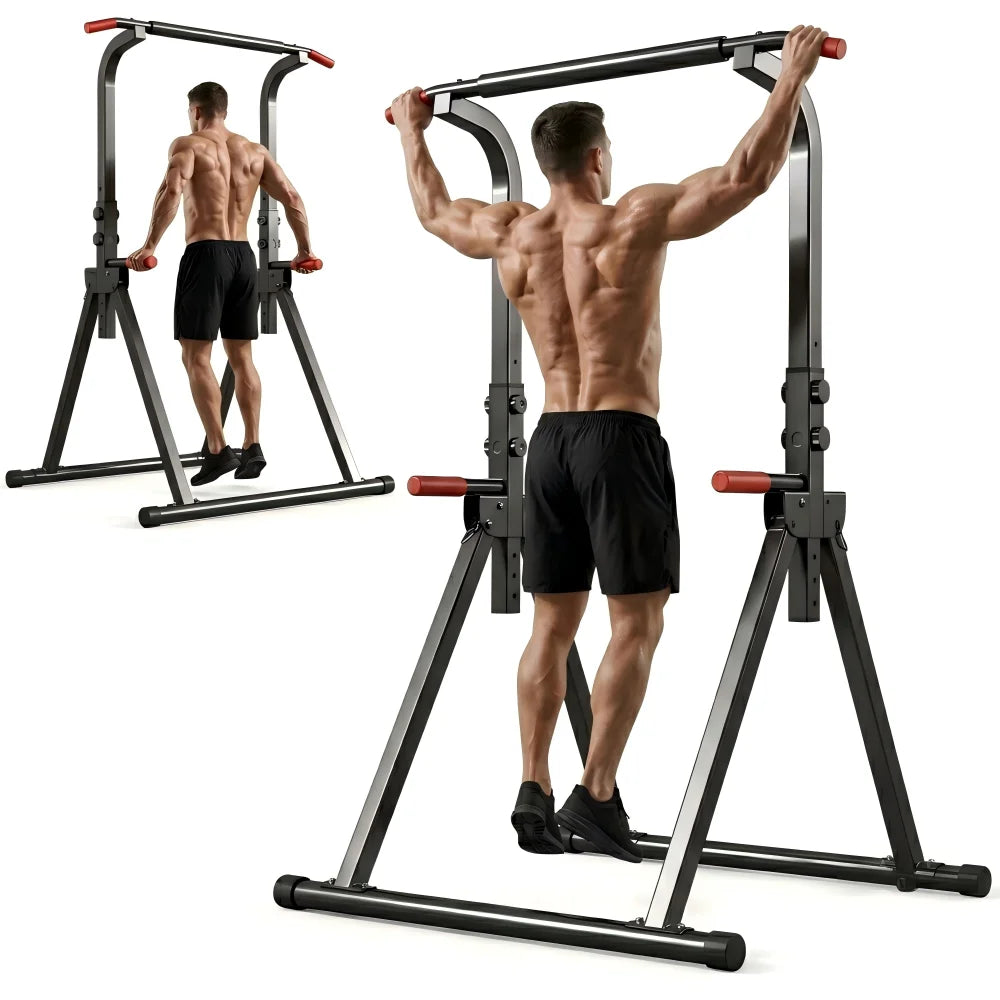 Foldable Pull Up Bar Standing Power Tower - Multi-Function Dip Station, 6-Level Adjustable Height, 440lbs Max, Home Gym Strength Training Fitness Equipment