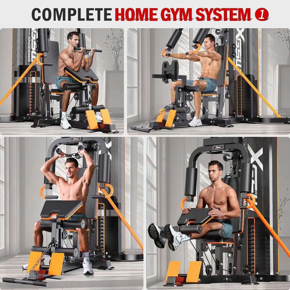 Multi-unction Home Gym Workout Station, eaturing a Pulley System, arm Trainer, and Leg Trainer or ull-Body Workouts.