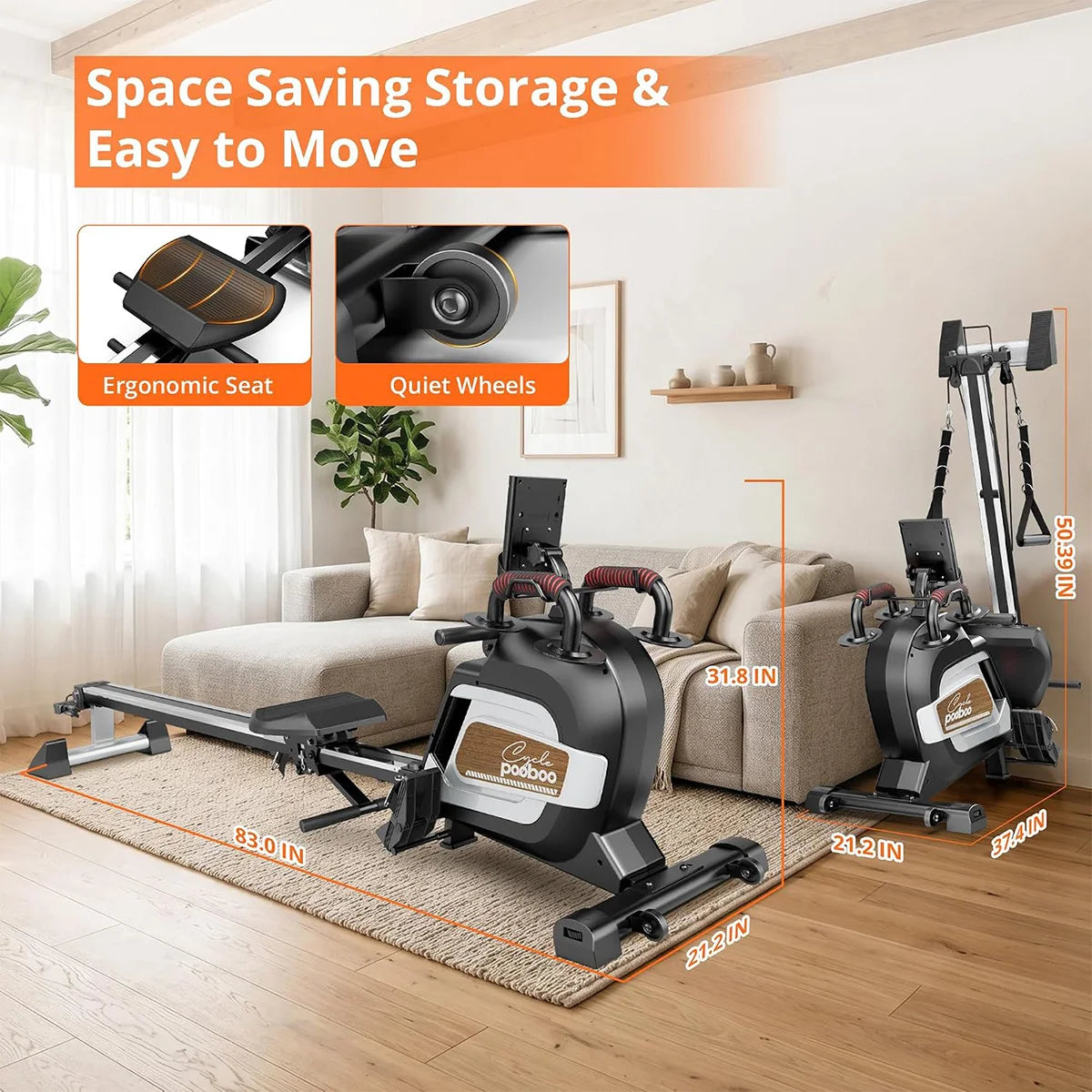 Pooboo Rowing Machine for Home, Foldable Magnetic Rowing Machine,14 Levels Quiet Resistance, Rower Machine with 350 LB Weight Capacity, Comfortable Padded Seat