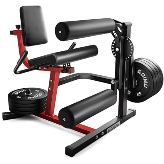 Home gym leg extension and curl machine 4-in-1 steel frame black adjustable plate-loaded design with integrated exercise bench