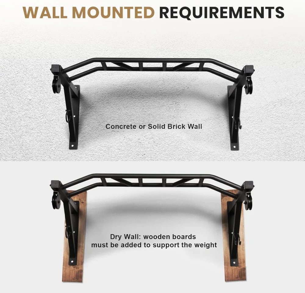 Multifunctional Wall Mounted Pull Up Bar with Pulley System, 48" Multi-Grip Chin Up Bar, Cable Attachments Included for Upper Body Workouts